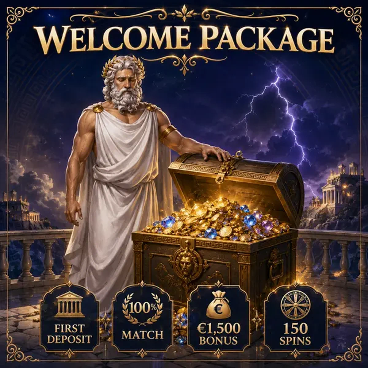 Oude god die toezicht houdt op schatkist gevuld met welkomstbonus munten bij LiraSpin Casino