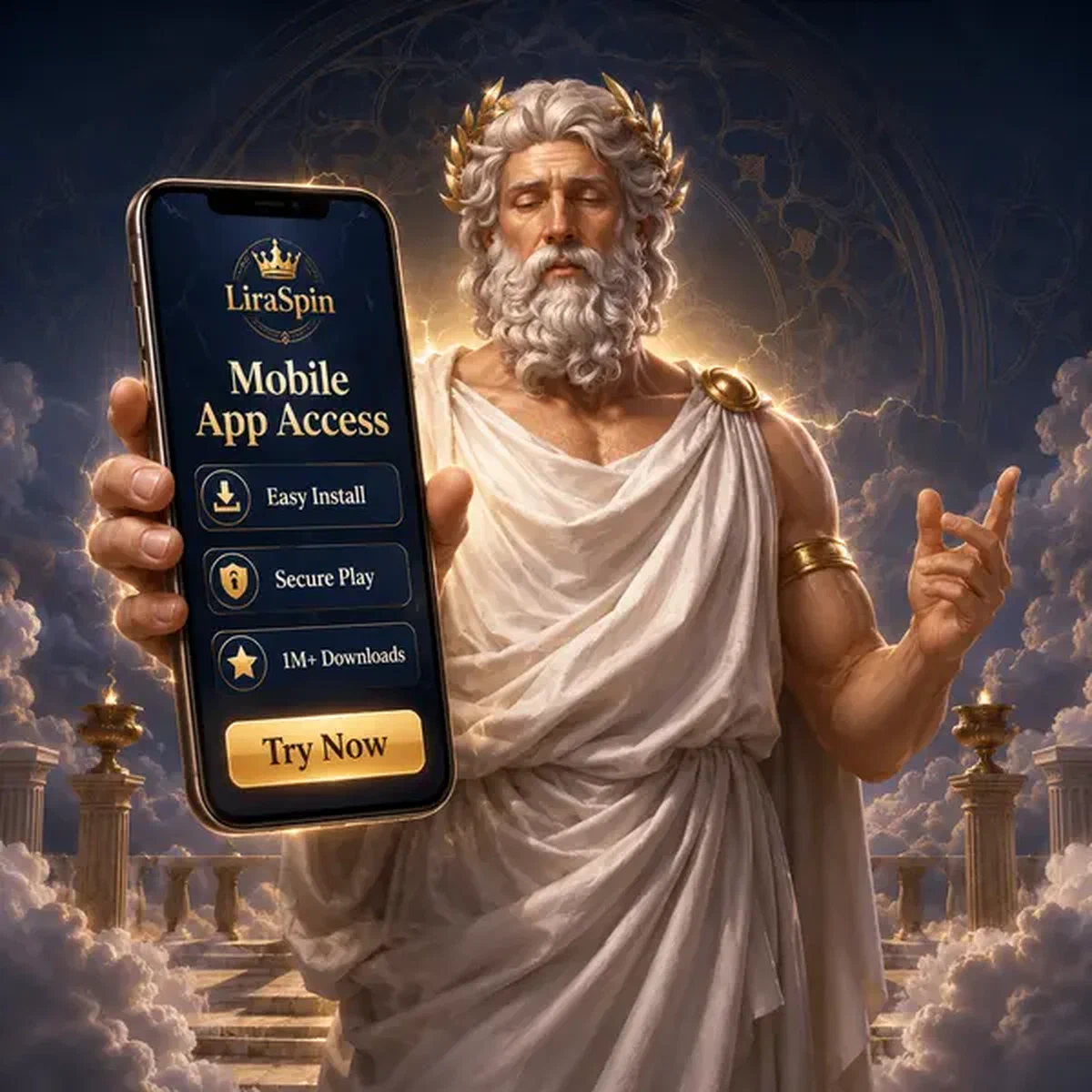 Oudere god die LiraSpin mobiele app presenteert gloeiend met goddelijke kracht op hemels terras