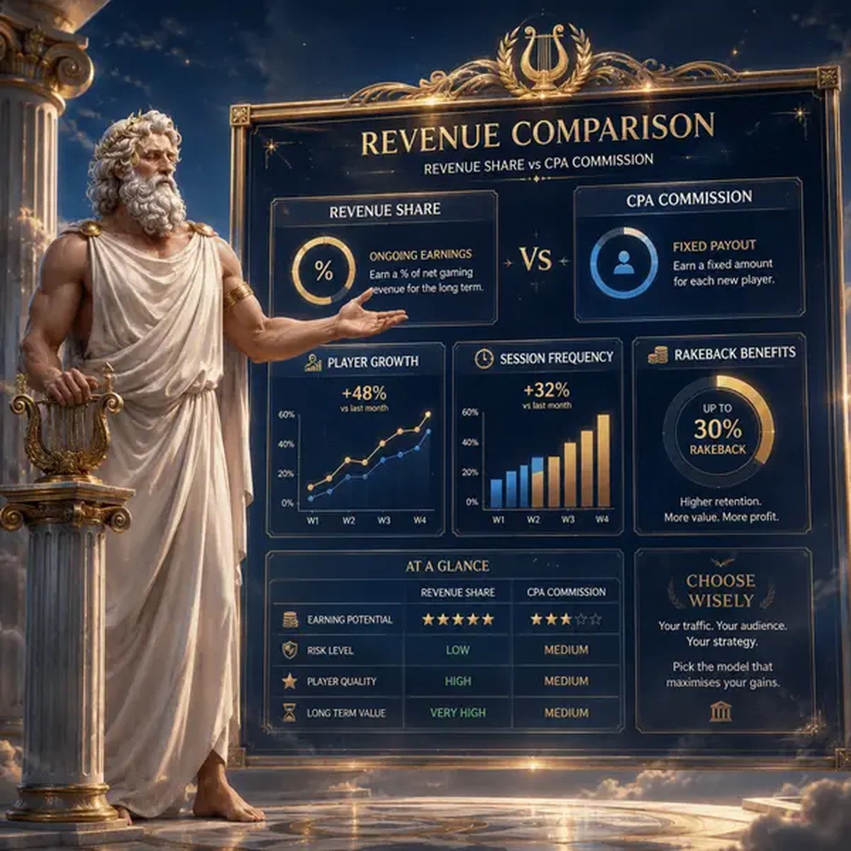Oudere god die hemelse schermen analyseert met LiraSpin partnerprogramma-omzetmodellen en spelergegevens