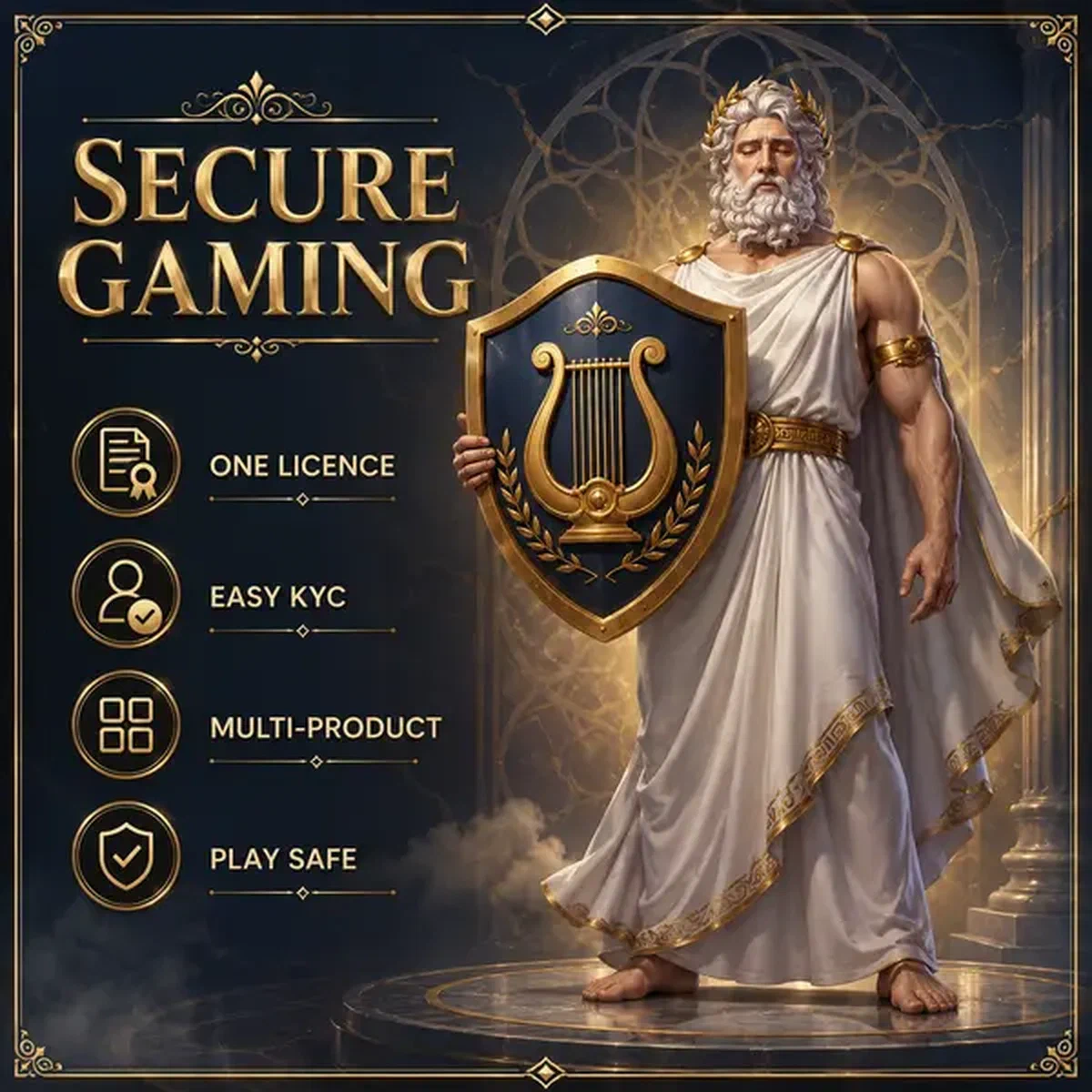 Majestueuze godfiguur die beveiligingsschild presenteert bij Curaçao Gaming Authority aanmeldingsportaal