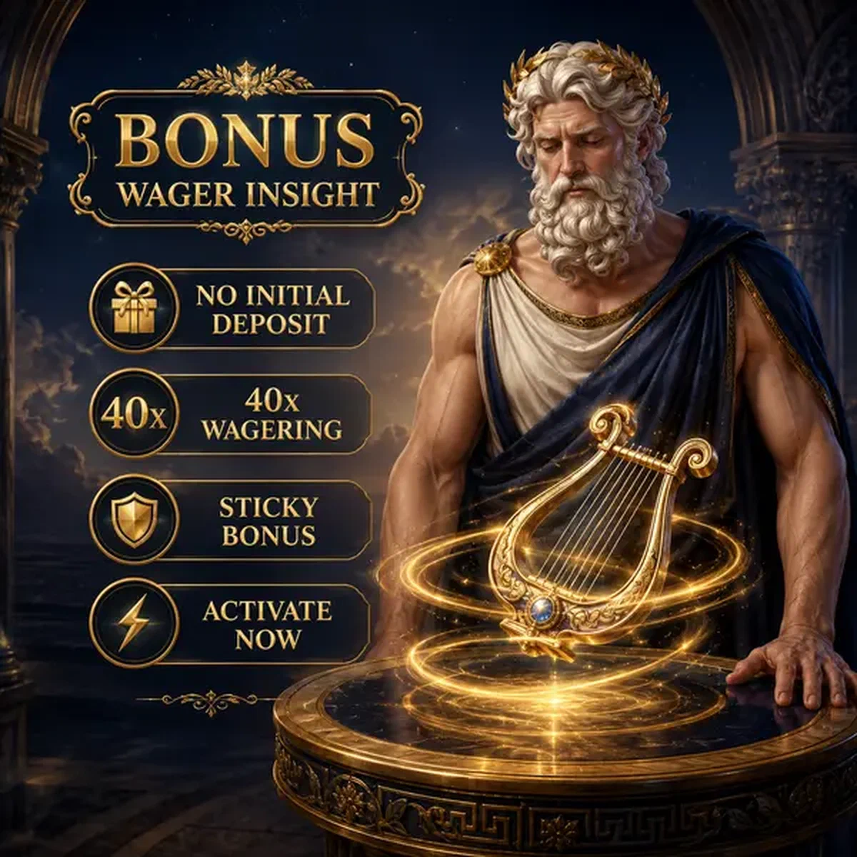 Oude god die etherische lier observeert die draait bij LiraSpin no deposit bonus tafel