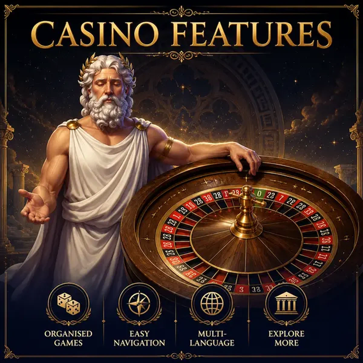 Olympische oudere god presenteert casinofuncties bij LiraSpin met georganiseerde spellen en gemakkelijke navigatie