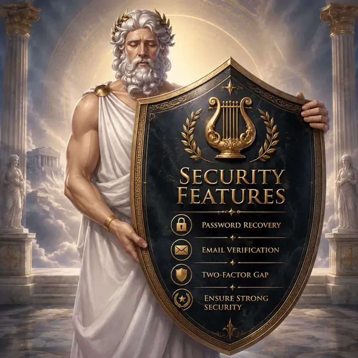 Oudere god mascotte met beveiligingsschild bij Security Features en Password Recovery Process login-portaal