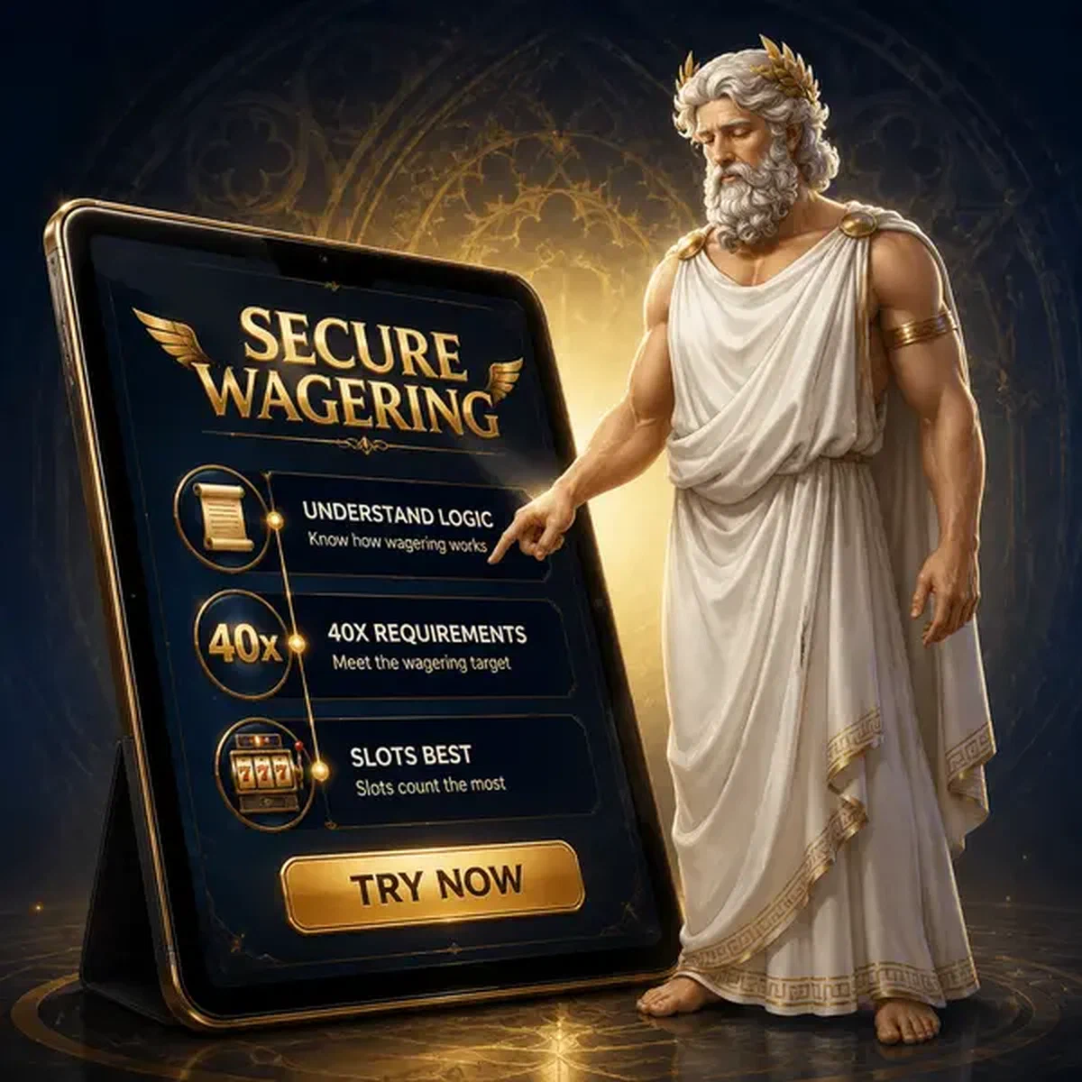 Oudere god strateeg die gokkasten voortgang bekijkt op tablet bij Inzetvereisten en Spelbijdrage Logica