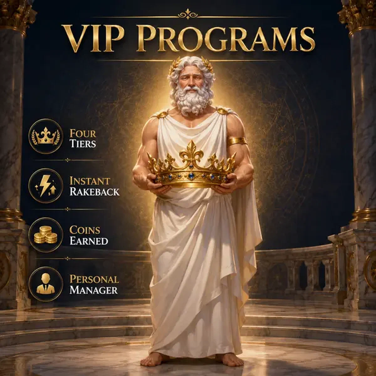 Waardige oudere god houdt gouden kroon bij LiraSpin VIP loyaliteitshal