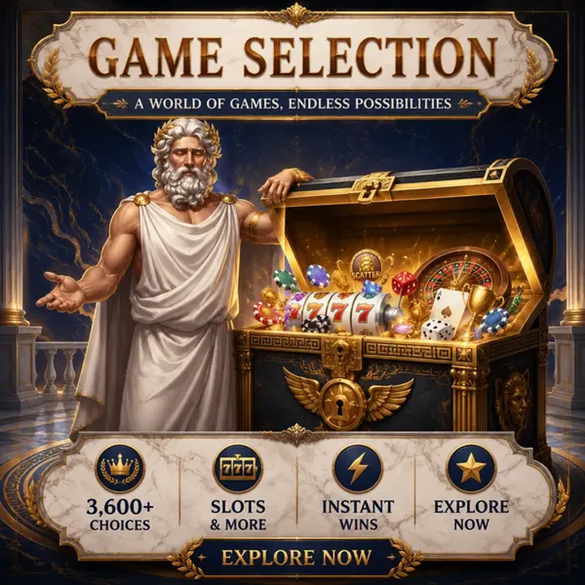 Olympische oudere god presenteert LiraSpin spelselectie schatkist gevuld met 3.600+ gokkasten keuzes