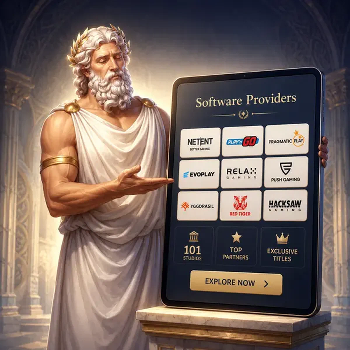 Imposante oudere god presenteert LiraSpin software providers op gloeiende tablet interface