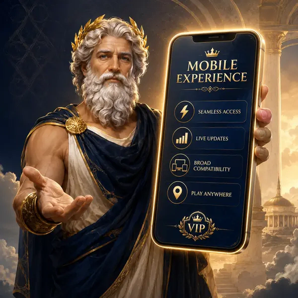Application mobile LiraSpin brillant sur smartphone alors que le dieu ancien fait un geste avec autorité divine